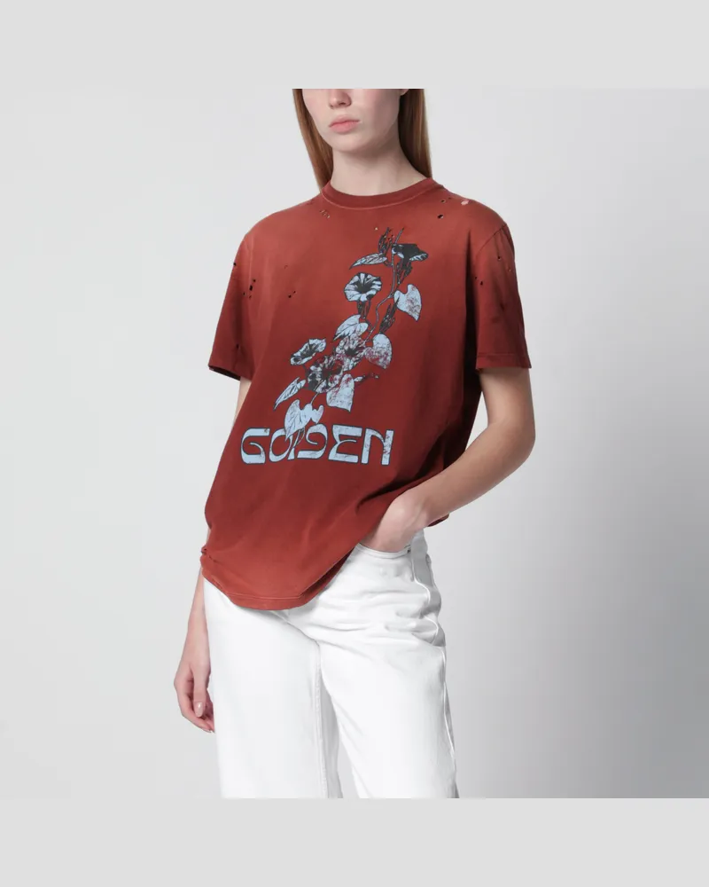 Golden Goose Rostfarbenes Baumwoll-T-Shirt mit Blumenprint Red