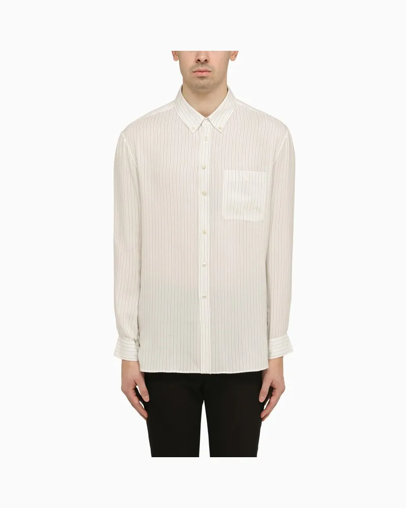 Saint Laurent Gestreiftes Hemd Cassandre aus Seide Beige