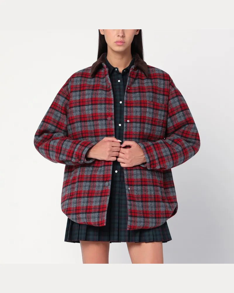 Miu Miu Hemd-Daunenjacke mit Schottenmuster in Schiefergrau/Rot Mehrfarbig