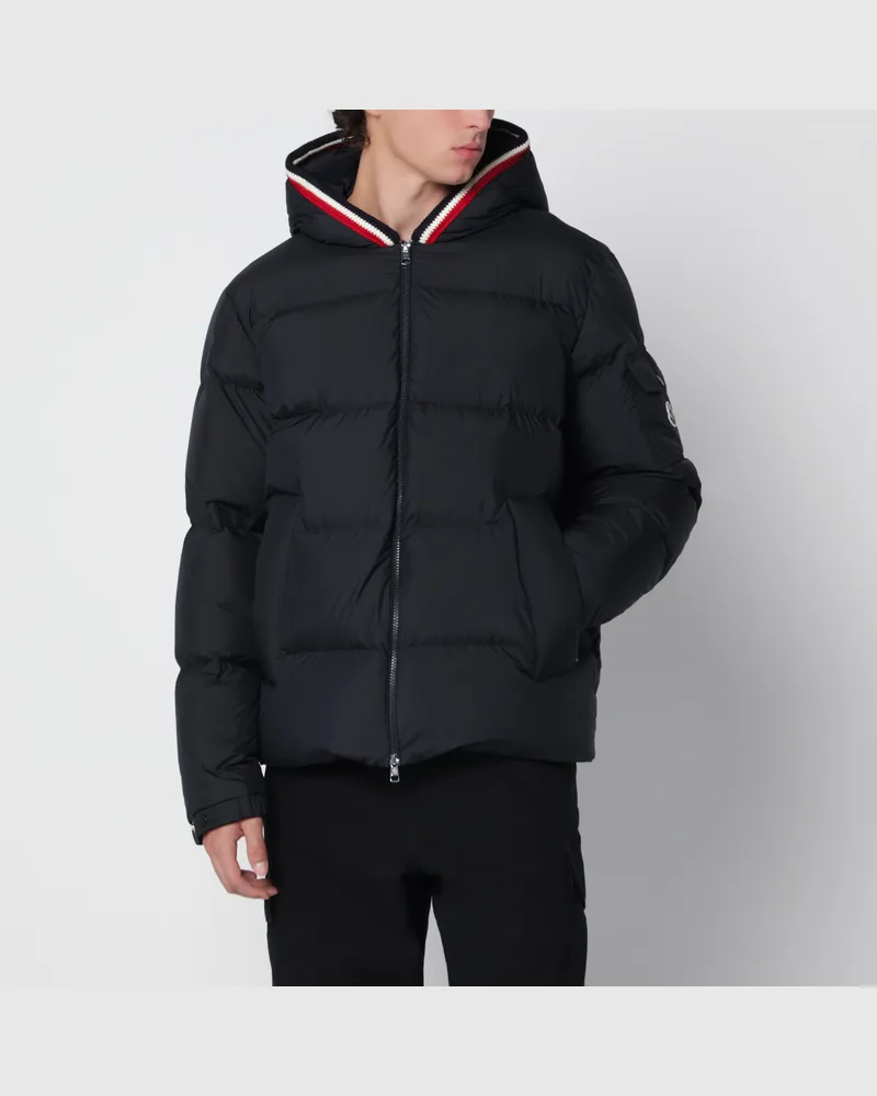 Moncler Navy blue Lacfroid short down jacket in polyester with hood Blue