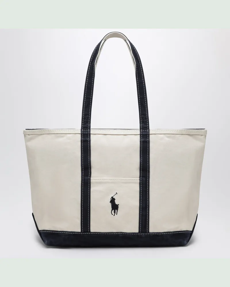 Ralph Lauren Tote-Bag mit Big Pony-Logo aus Baumwolle in Creme und Navy Beige