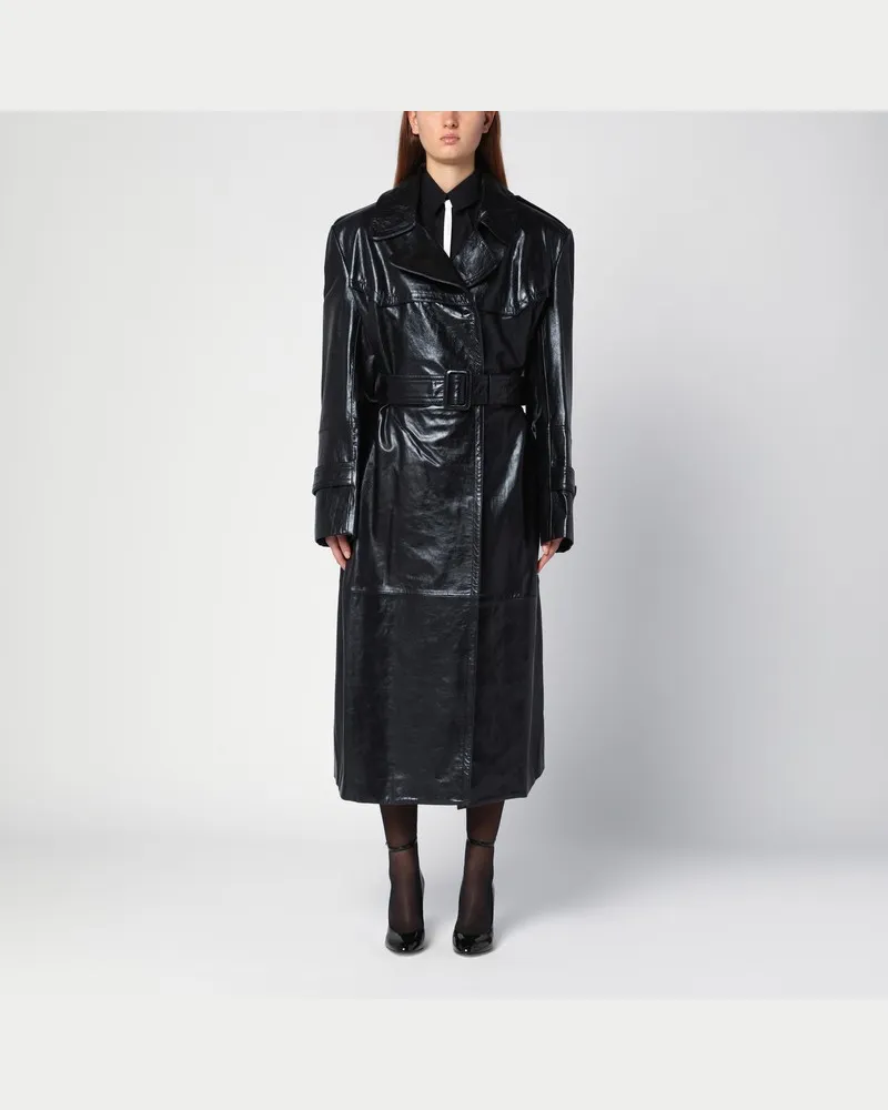 SPORTMAX Schwarzer Trenchcoat aus halbglänzendem Nappaleder Weiß