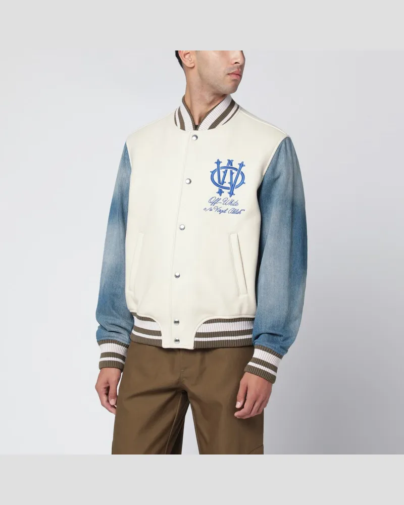 OFF-WHITE Elfenbeinfarbene Bomberjacke mit Denimärmeln Weiß