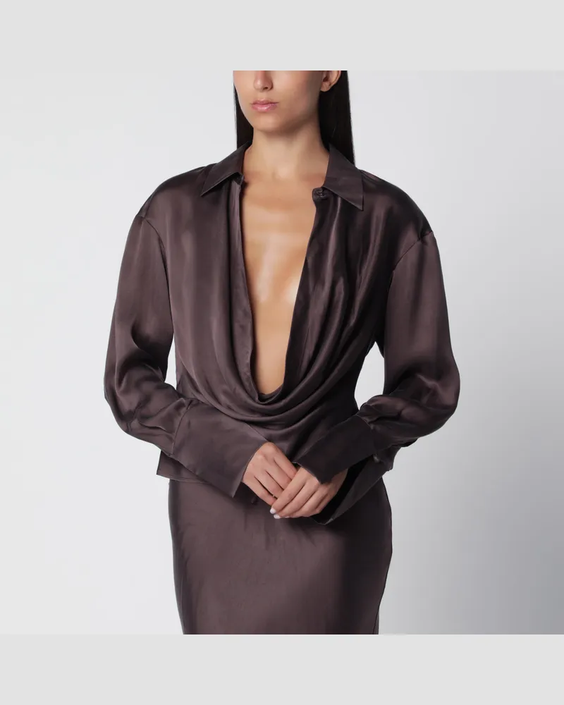 ANDAMANE Deep neckline rouge noir satin shirt Burgundy