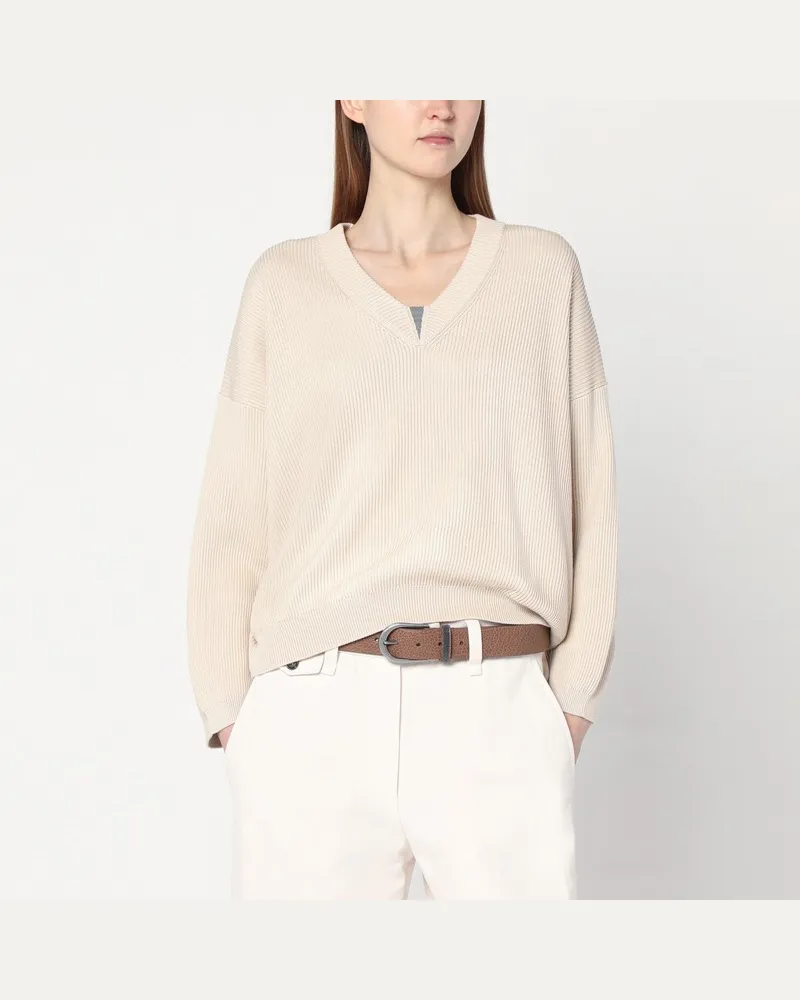 Brunello Cucinelli Baumwollpullover in Butterfarbe Weiß