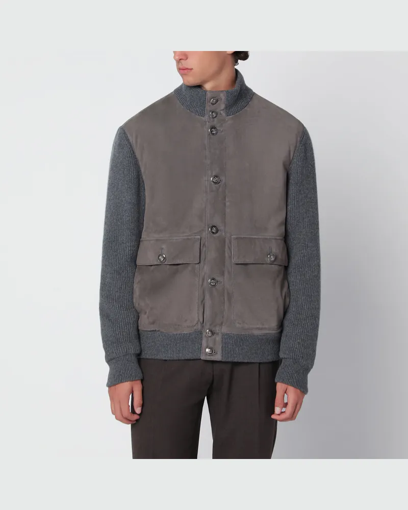 Brunello Cucinelli Gepolsterte Jacke in Stahlgrau aus Leder und Kaschmir Grey
