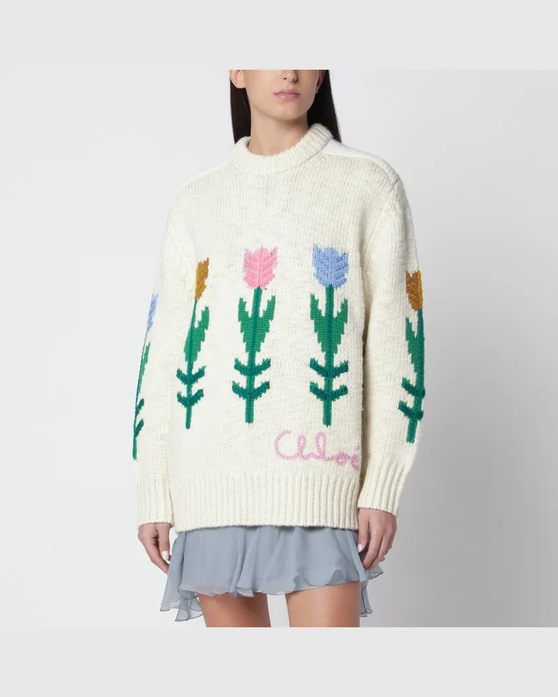 Chloé Oversize-Pullover aus Wolle in Milchweiß mit Tulpen White