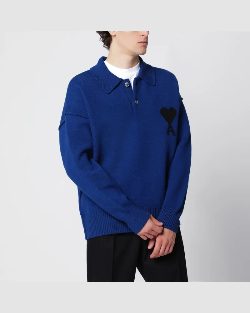 AMI Paris Elektrisch blauer Ami de Coeur Polopullover aus Wolle Blue