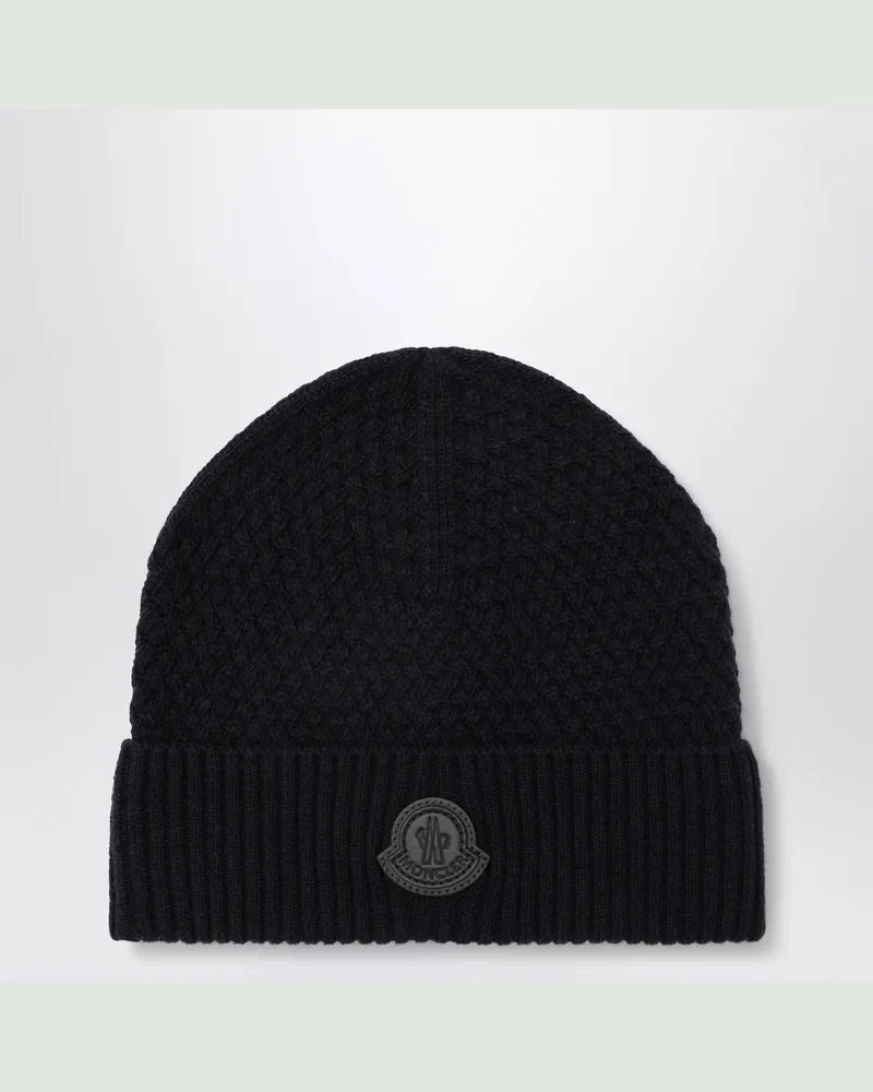 Moncler Marineblaue Wollmütze mit Logo-Patch Blue