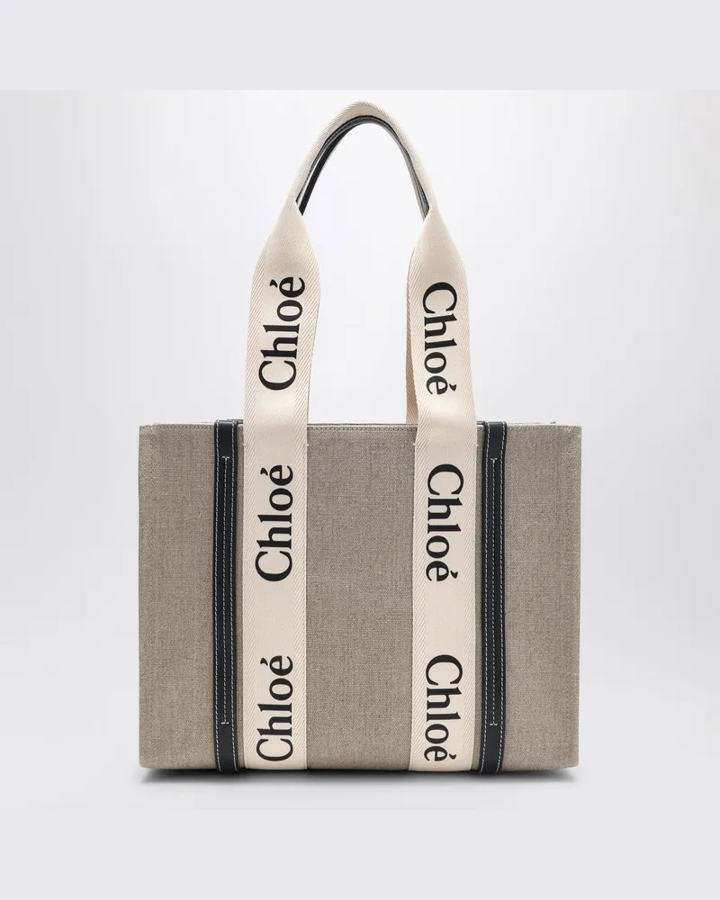 Chloé Woody Tasche in mittlerer Größe aus beigem Canvas Beige