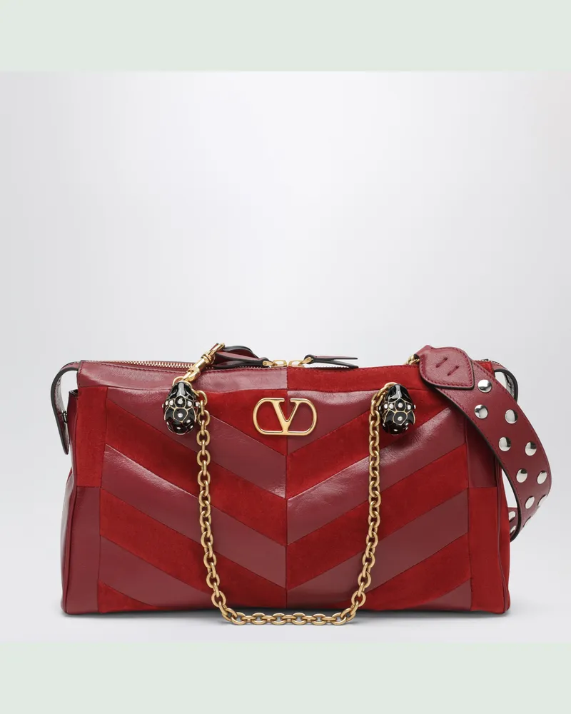 Valentino Garavani Mittelgroße Panthea Schultertasche aus Veloursleder und Nappaleder mit Chevron-M Red