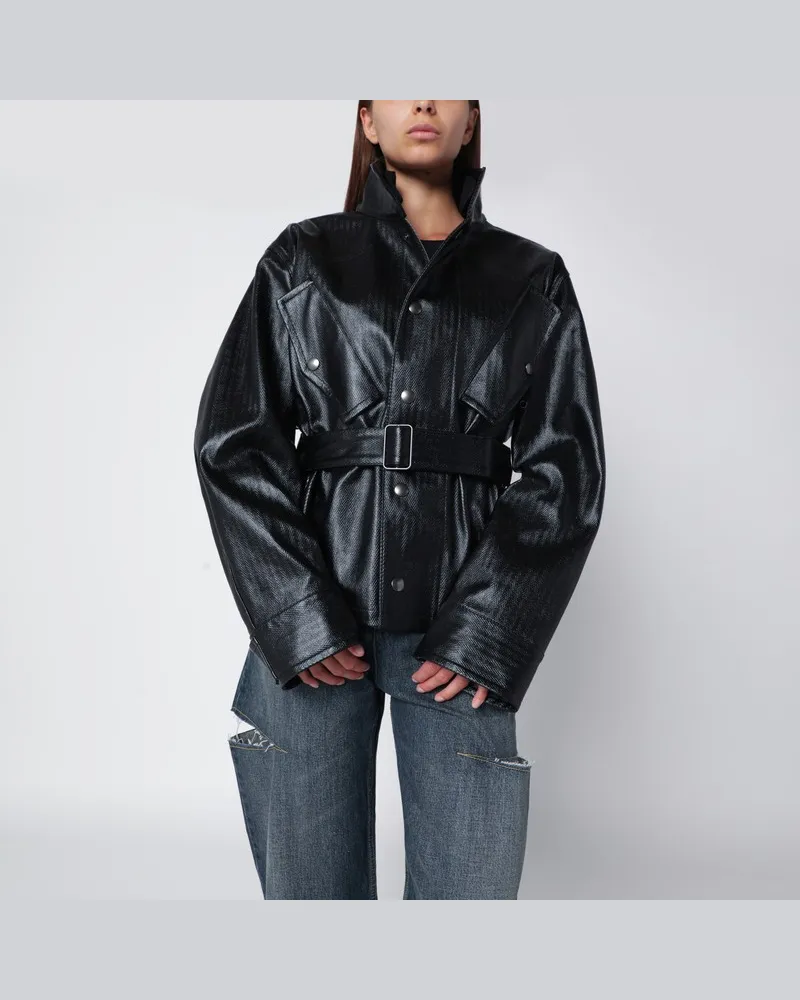 Maison Margiela Schwarze Jacke mit Gürtel aus laminiertem Baumwollstoff Schwarz