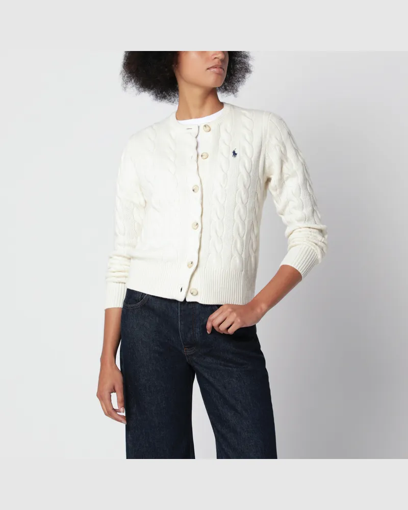 Ralph Lauren Cremefarbener Zopf-Cardigan aus Wolle und Kaschmir White