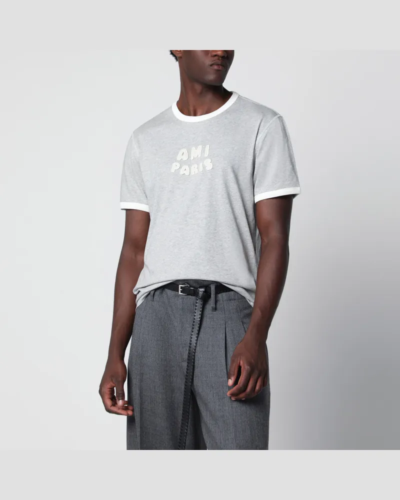 AMI Paris Grau/cremefarbenes T-Shirt aus Baumwolle mit Logo-Applikation Grey