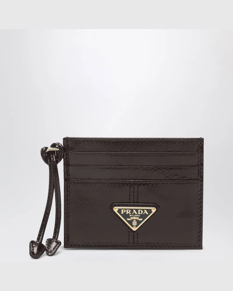 Prada Leather card holder in Dark Brown with triangle logo Brown