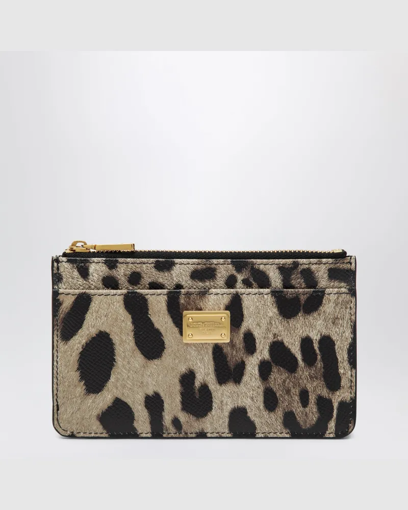 Dolce & Gabbana Kartenetui aus Dauphine-Leder mit Leopardenmuster und Reißverschluss Brown