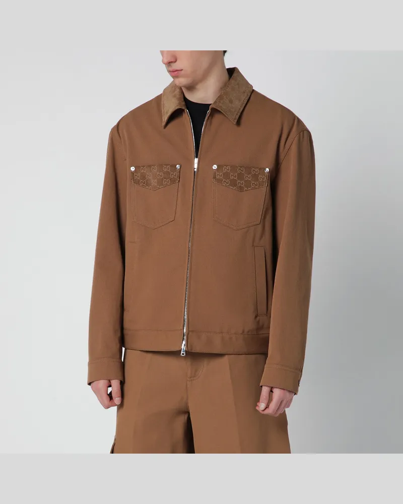 Gucci Camel-farbene Jacke mit Reißverschluss und GG-Details Brown