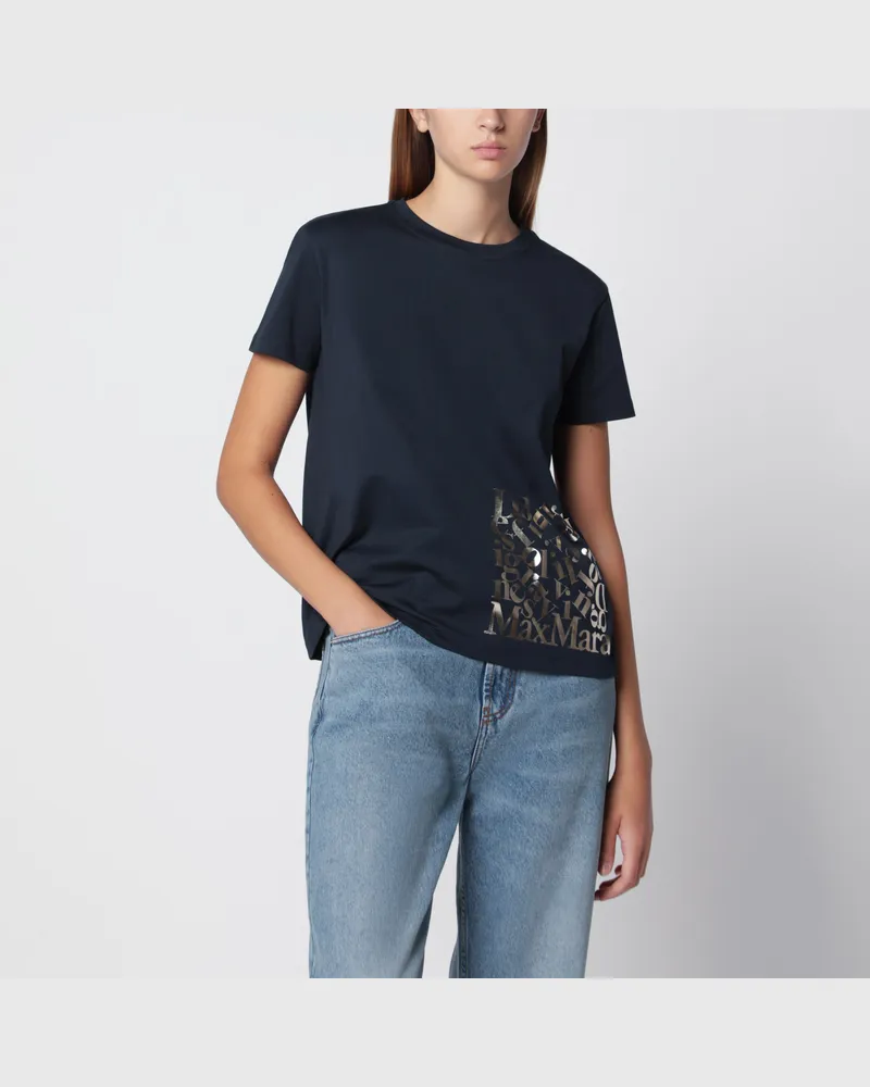 Max Mara Marineblaues Baumwoll-T-Shirt mit Logoprint Blue