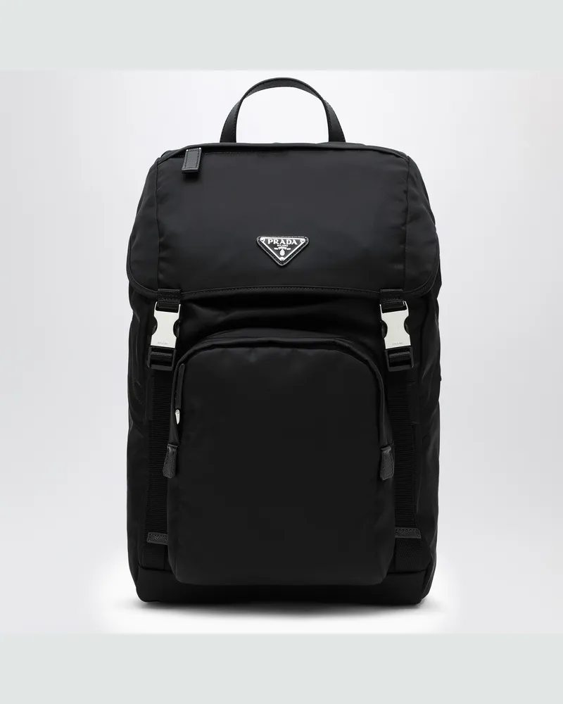 Prada Schwarzer Re-Nylon-Rucksack mit Druckknopfverschluss 