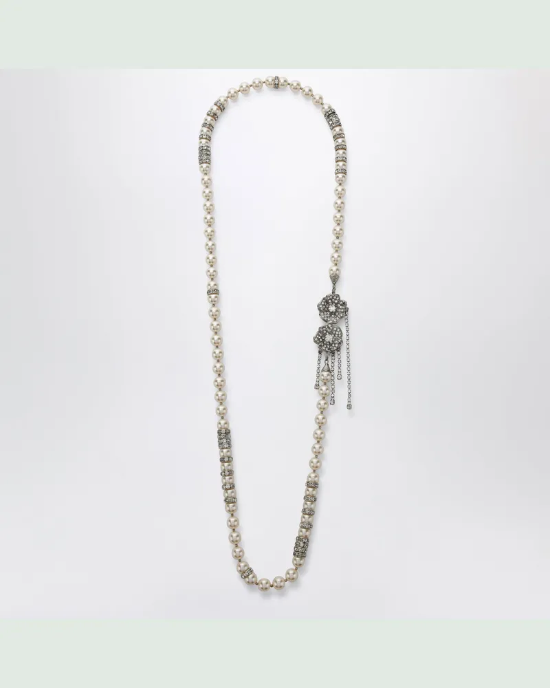 Alessandra Rich Perlenkette mit silberfarbenem Kristall-Blumenverschluss White