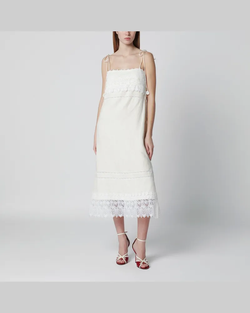 Valentino Garavani Elfenbeinfarbenes Leinen-Midikleid mit Sangallo-Stickerei White