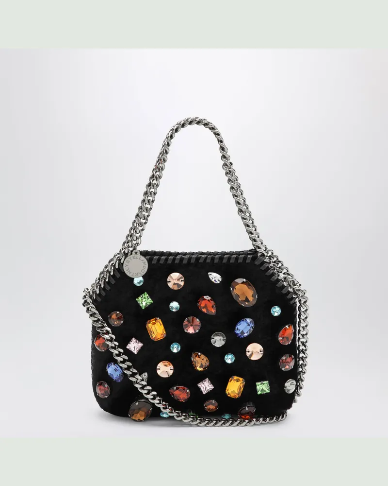 Stella McCartney Schwarze Falabella Tiny Schultertasche aus Samt mit Kristallen Black