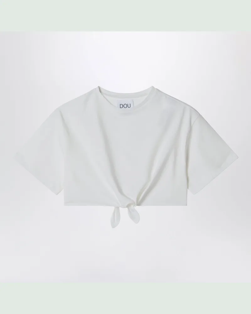 DOUUOD Elfenbeinfarbenes Cropped-T-Shirt mit Knotendetail White