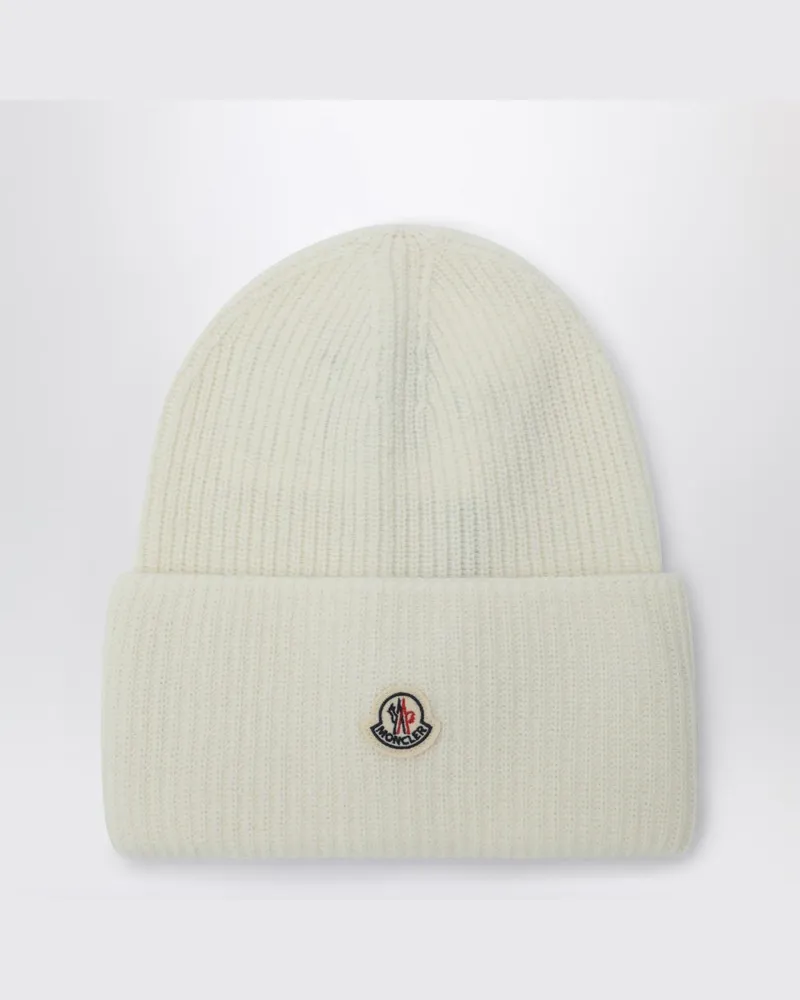 Moncler Weiße Wollmütze mit Logopatch Weiß