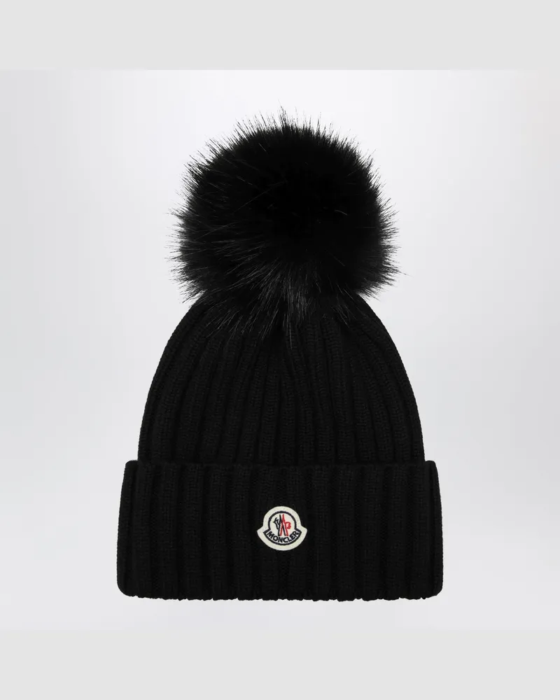 Moncler Schwarze Wollmütze mit Bommel Black