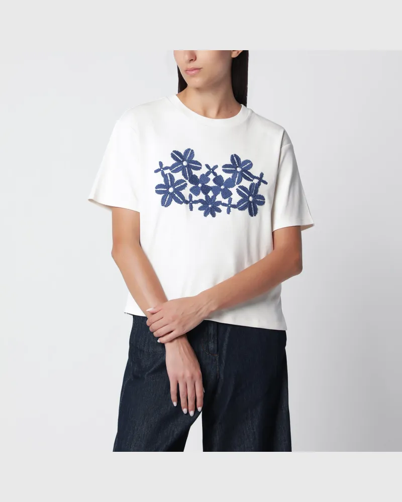 Max Mara Écru Baumwolljersey-T-Shirt mit Stickerei Beige