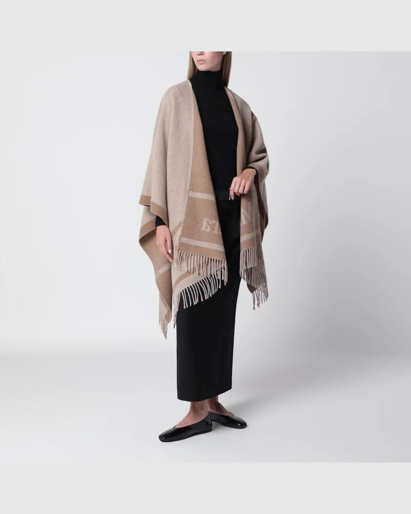 Max Mara Jacquard-Poncho mit Fransen aus Wolle in Sandfarbe Beige