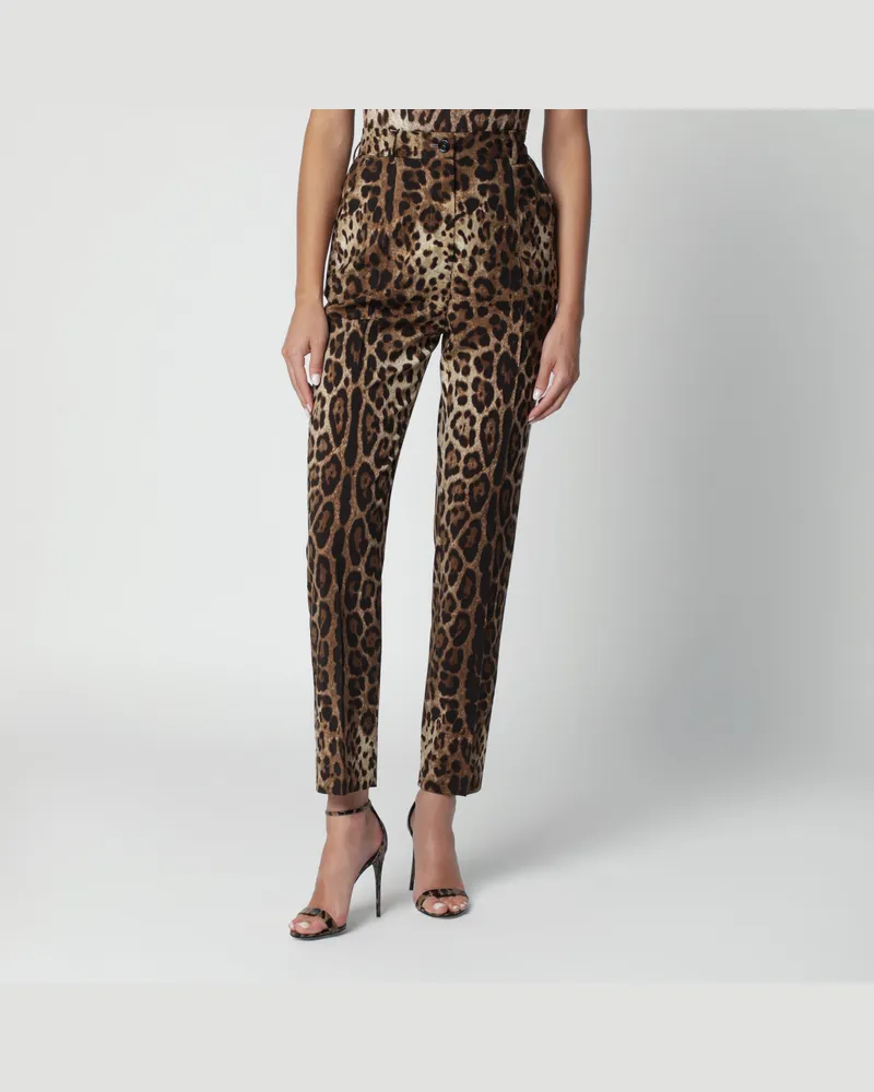 Dolce & Gabbana Stretch-Wollhose aus Wollcanvas mit Leopardenmuster Brown
