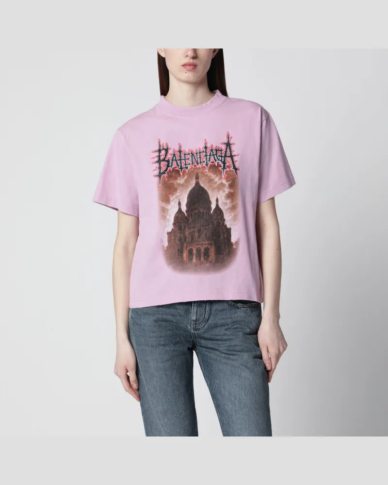 Balenciaga T-Shirt Sacré Caur aus Baumwolljersey in Altrosa Pink