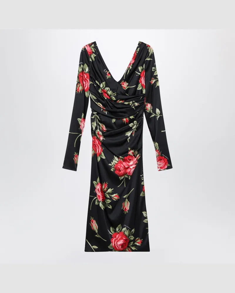 Dolce & Gabbana Drapiertes Kleid aus Stretchsatin mit Rosenprint, schwarz Multicolor