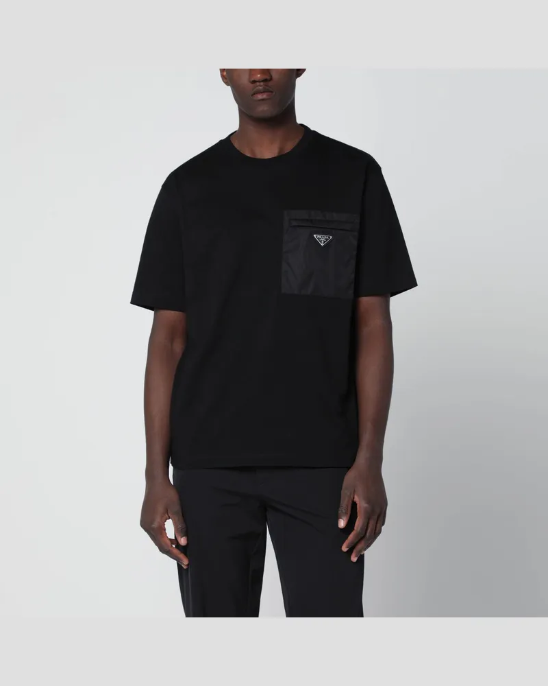 Prada Schwarzes T-Shirt aus Baumwolle und Re-Nylon 