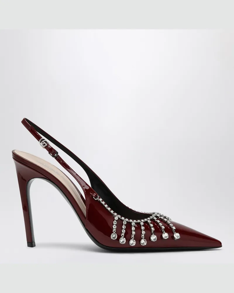 Gucci Bordeauxfarbene Pumps aus Lackleder mit Kristallkette 