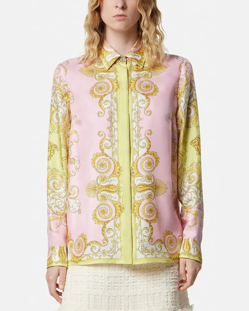 Versace Hemd aus bedrucktem Seidentwill in Gelb/Rosa Multicolor