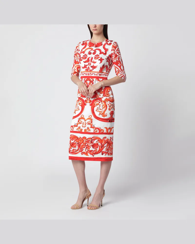 Dolce & Gabbana Charmeuse-Seidenkleid mit Maiolica-Print in Orange Orange