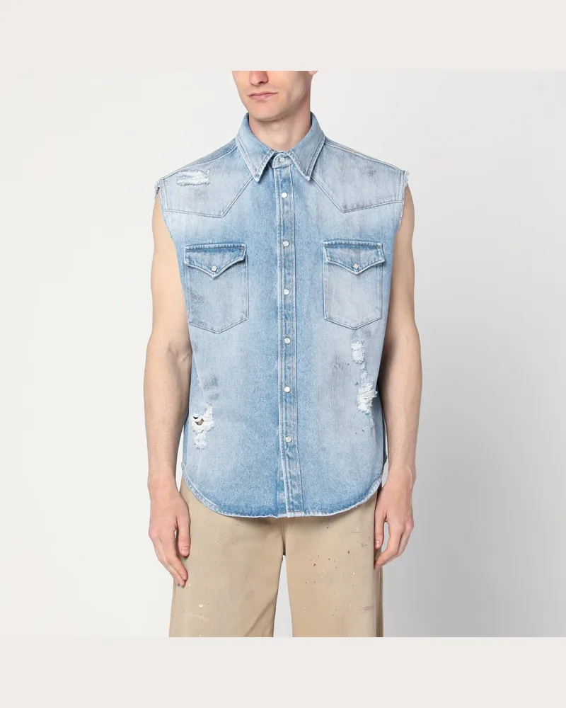 Maison Margiela Verwaschene blaue Weste mit Rissen Hellblau