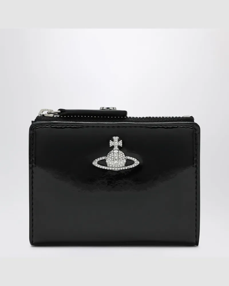 Vivienne Westwood Schwarzes Slim Flap Kartenetui mit kristallbesetztem Orb Bas Relief Black