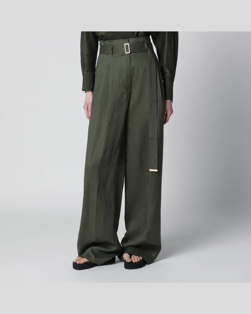 Max Mara High-Waist Wide-Leg-Hose aus Leinen in Khaki Green