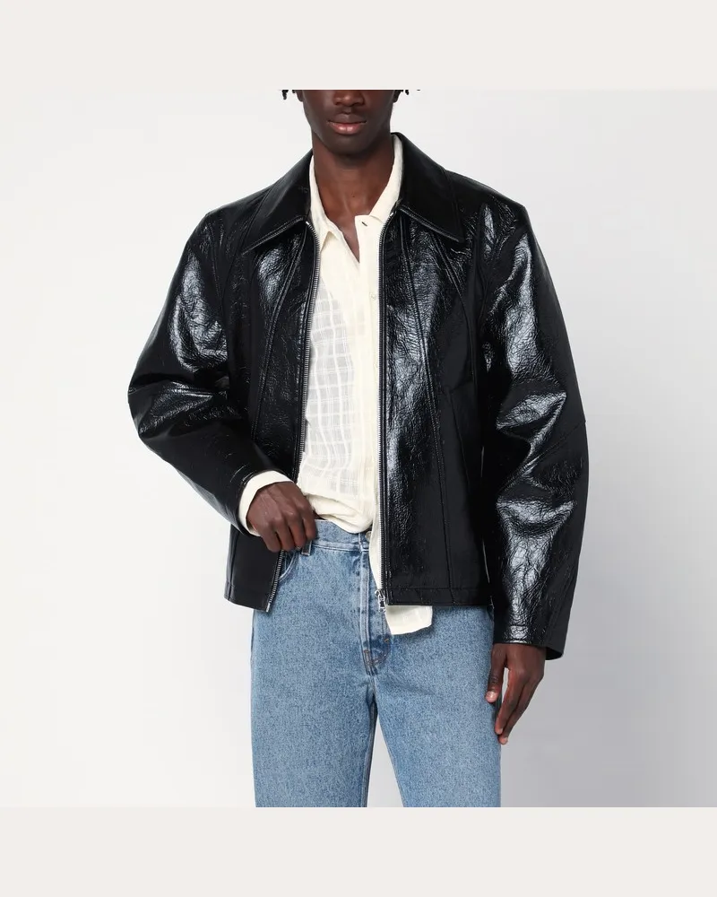Séfr Glänzende schwarze Zip-Jacke aus Öko-Leder Schwarz