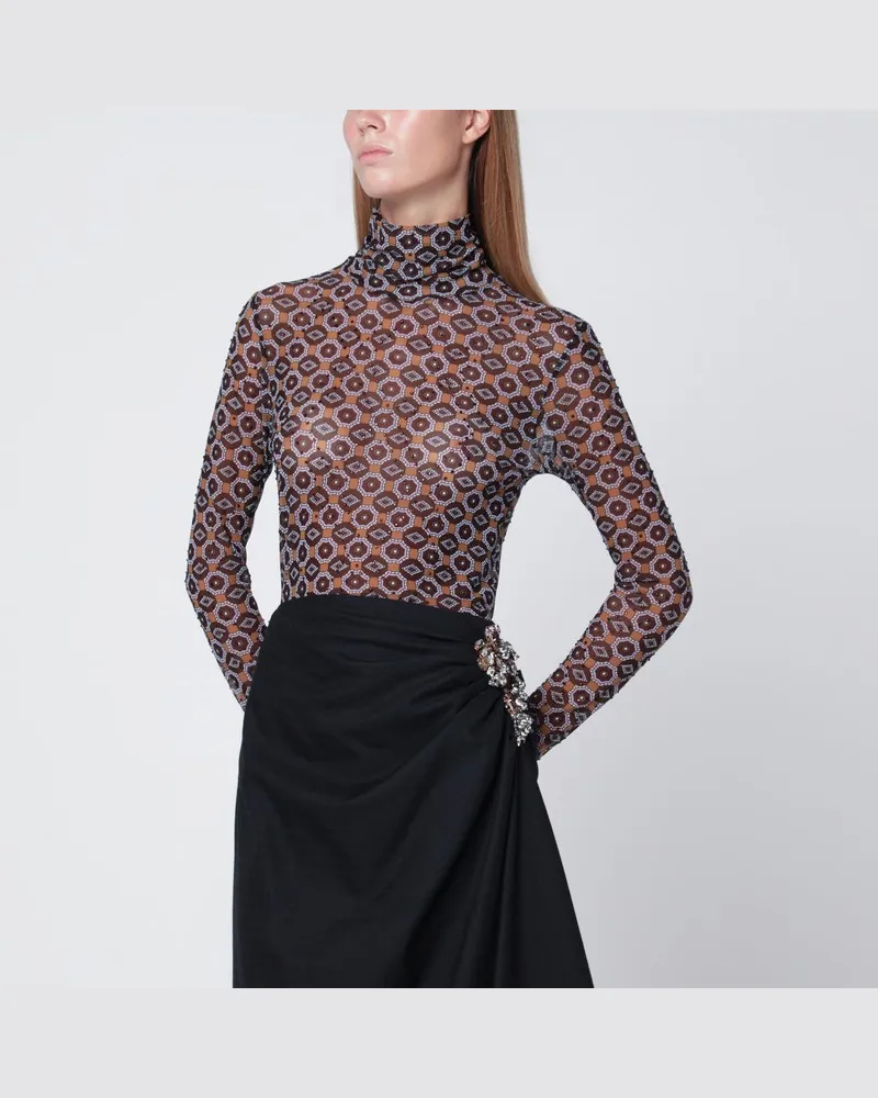 Dries van Noten Halbtransparenter Rollkragenpullover mit braunem Aufdruck Braun