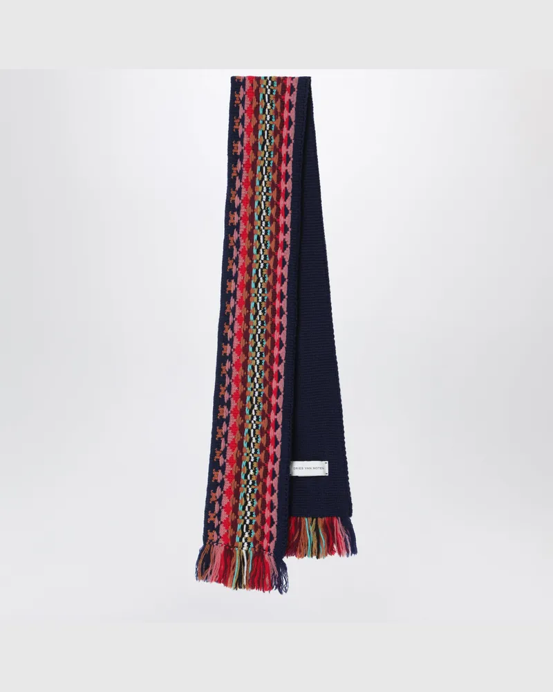 Dries van Noten Navyblauer Wollschal mit mehrfarbigem Jacquardmuster Blue