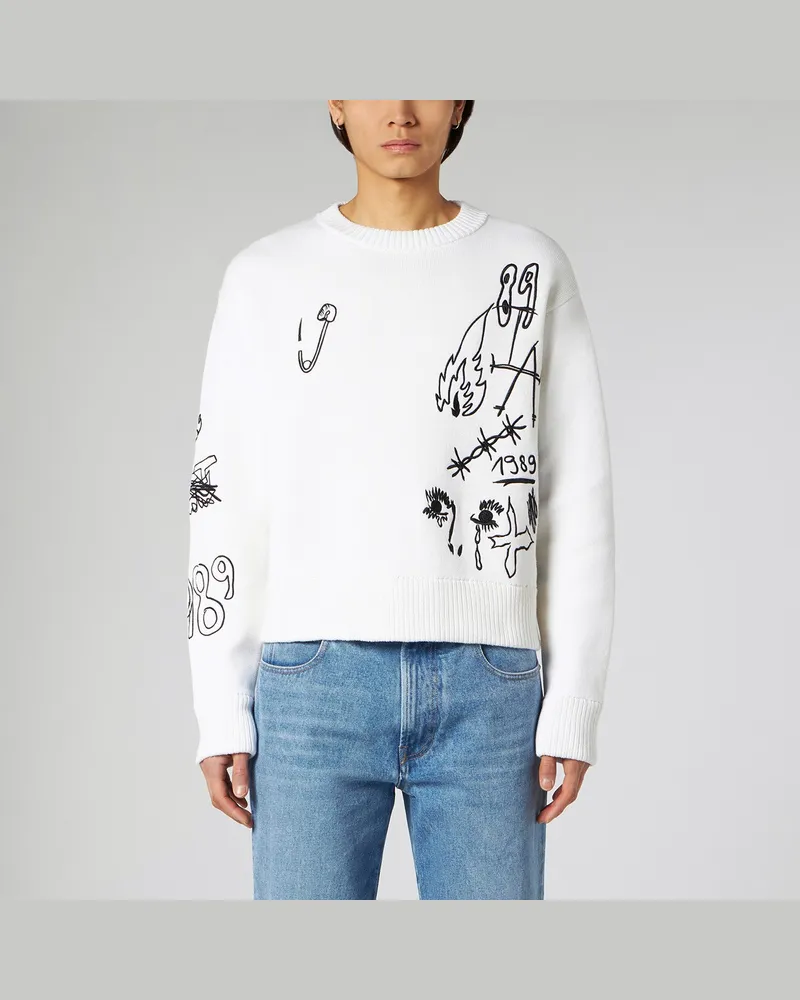 1989 STUDIO Besticktes Kurzpulli mit Rundhalsausschnitt weiß 