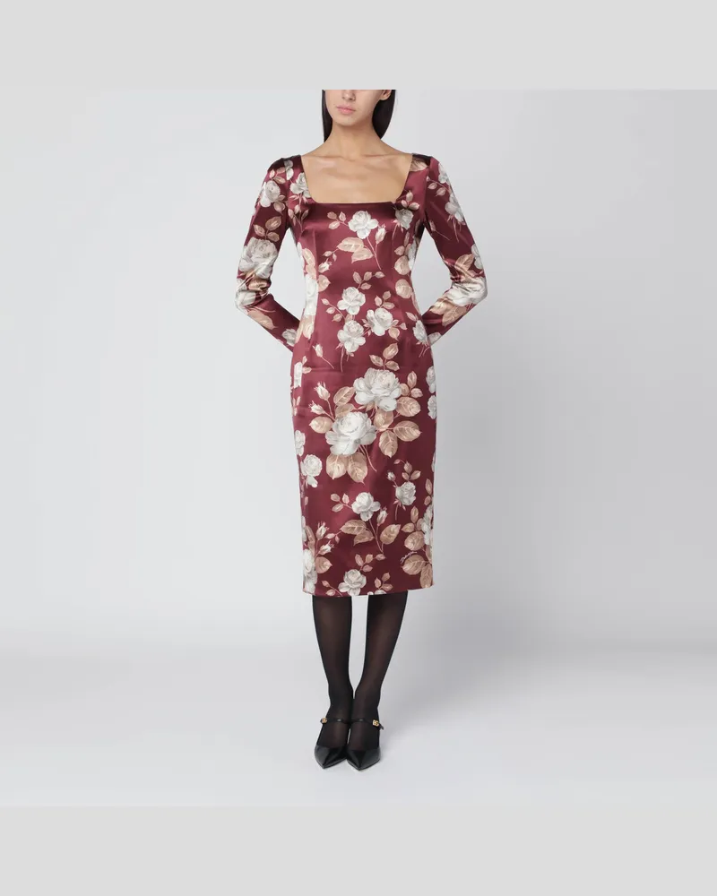 Dolce & Gabbana Burgunderfarbenes Satinkleid mit Blumenmuster Pink