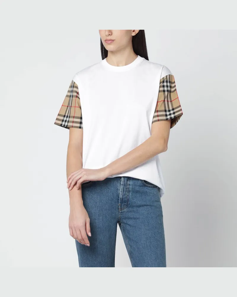 Burberry Weißes T-Shirt mit Ärmeln im Check-Muster Weiß