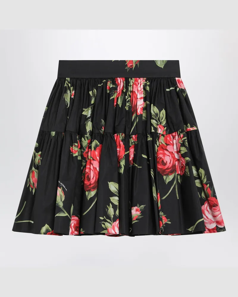 Dolce & Gabbana Kurzer Baumwollrock mit Bouquet-Rosenprint, schwarz Multicolor