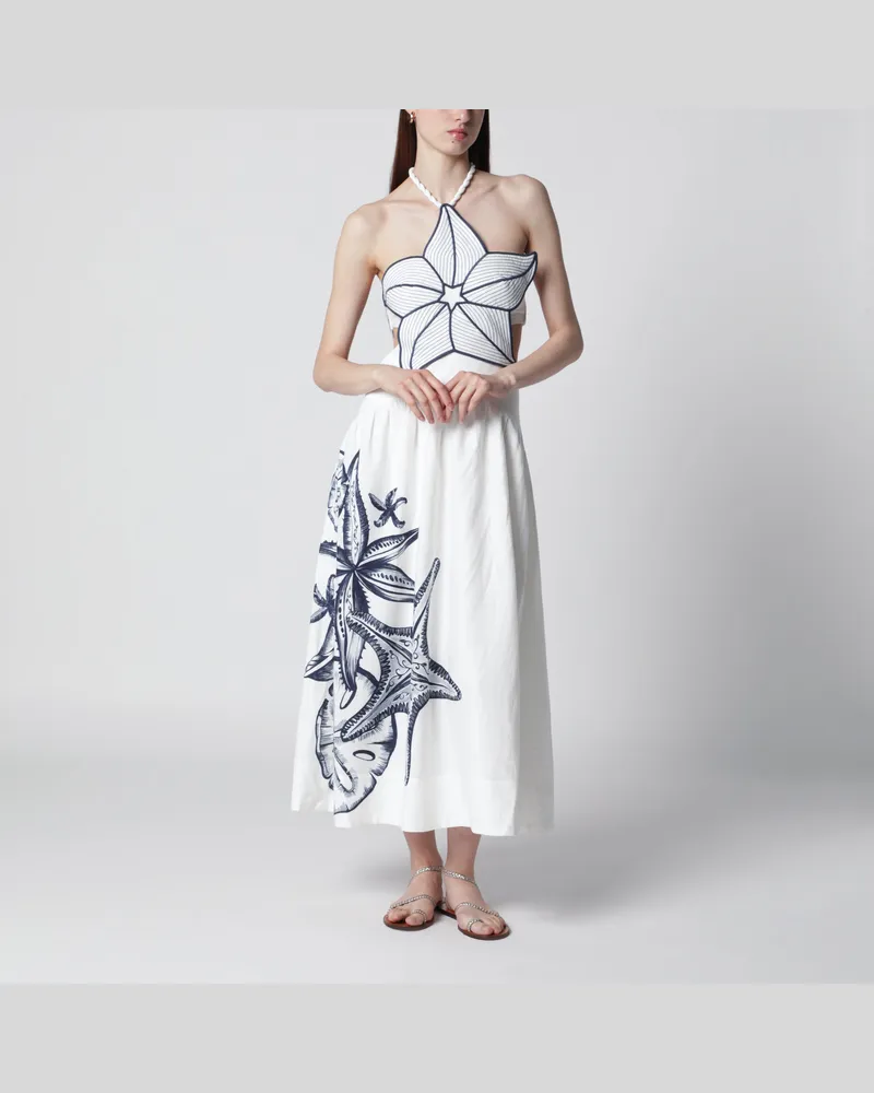FARM Rio Midikleid aus bedrucktem Leinen Coast Stars White
