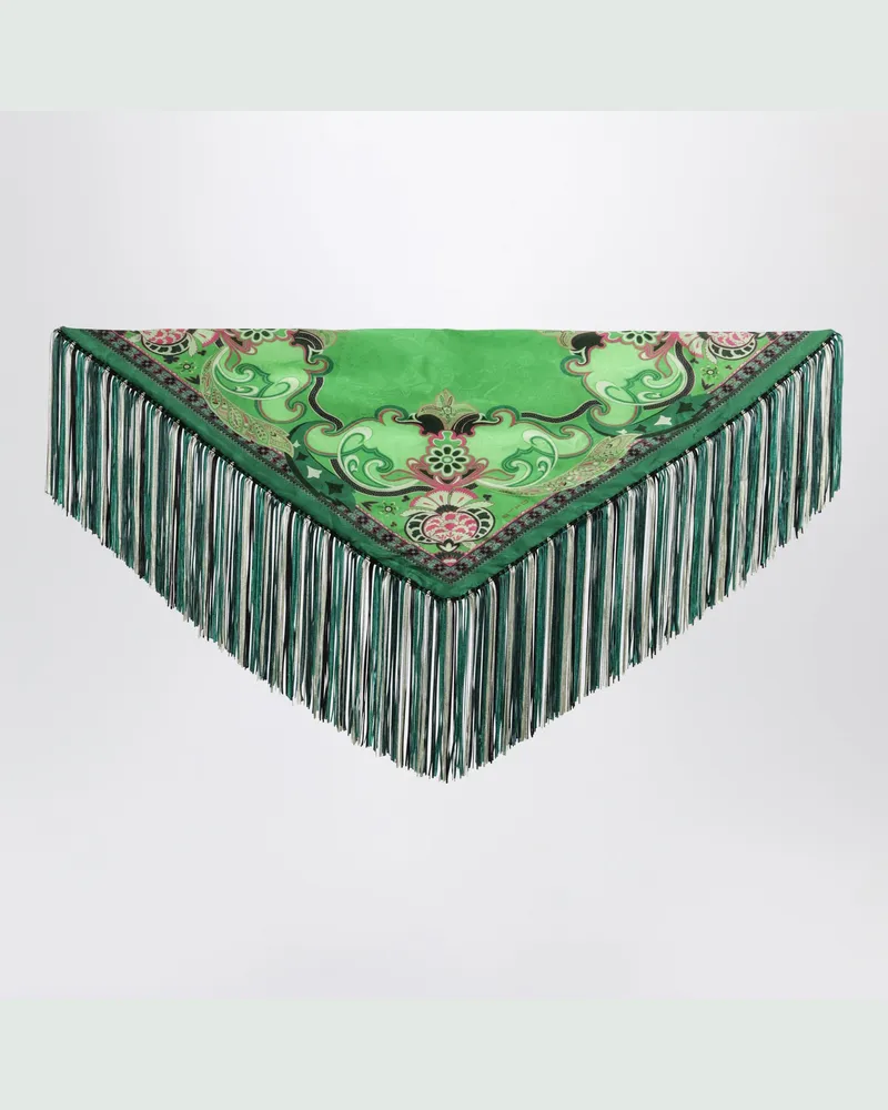 Etro Grüner Seidenschal aus Jacquard mit Fransen Green